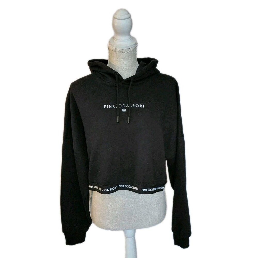 Pink Soda Sport Size L Black Cropped Pullover Hoodie with Spellout and Trim